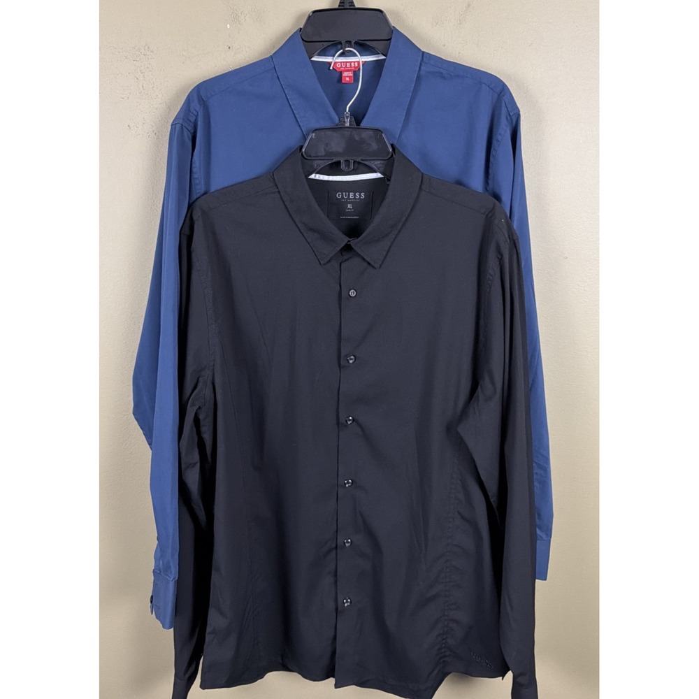 LOT OF 2 GUESS Los Angelas Men's Button Down Shirts XL Black & Blue Long Sleeve